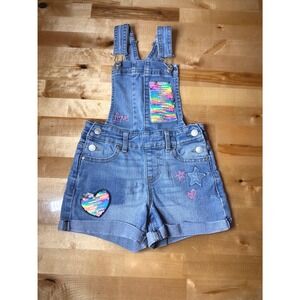 Jordache Denim Shortalls Kids Size XS 4-5 Blue Rainbow Sequin Heart Excellent